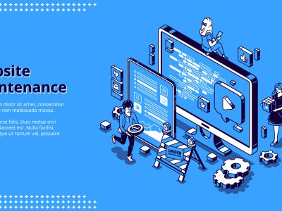 Website maintenance banner. Concept of update internet software, development and management webpages. Vector landing page of site under construction with isometric working people and computer screen